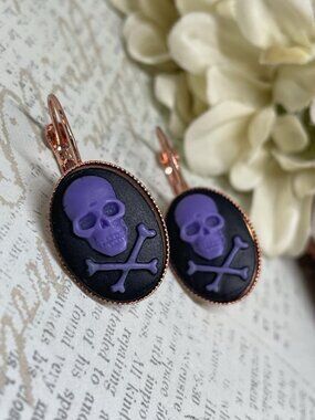 Rose Gold Purple Gothic Skull Earrings Wedding Birthday Anniversary Gift Cameo